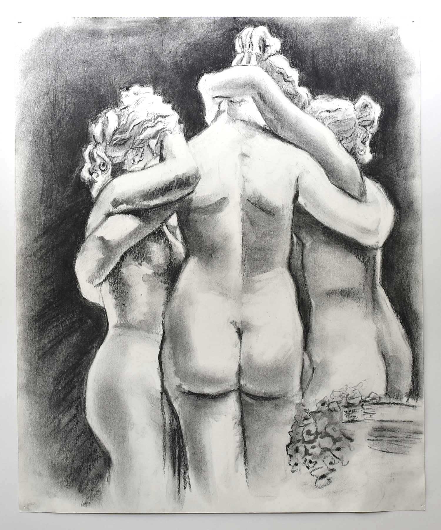 Jill Paz, The Three Graces, 2021, charcoal on paper in artist’s frame, unframed: 43 × 35 cm (17 × 13.8 inches), framed: 54.2 × 46 cm (21.3 × 18.1 inches).